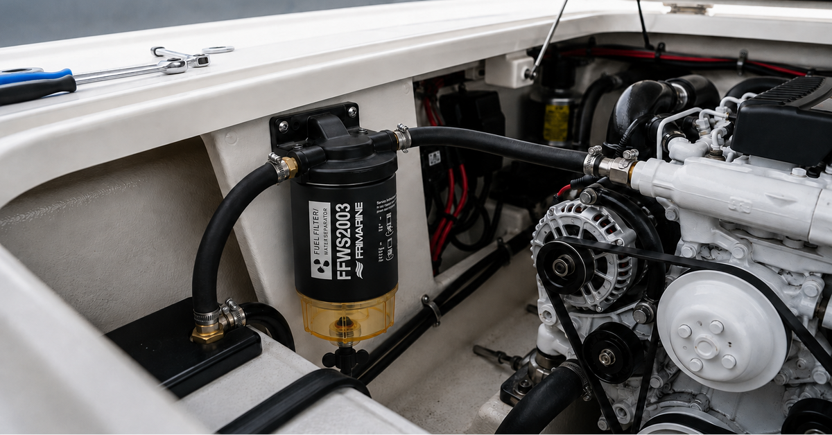 Frimarine fuel filter water separator installed on an engine