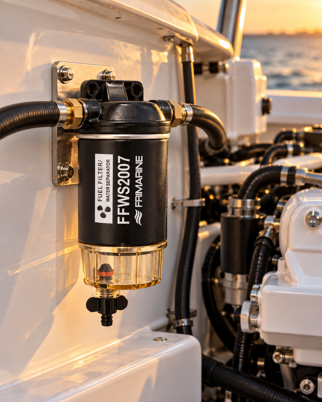 Frimarine FFWS1007 fuel filtration system installed on an inboard boat engine
