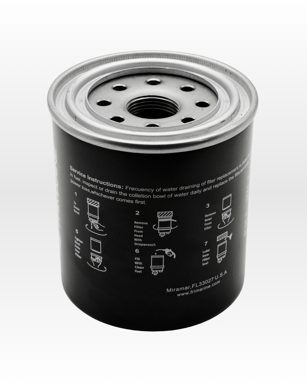 Fuel filter service instructions printed on the filter