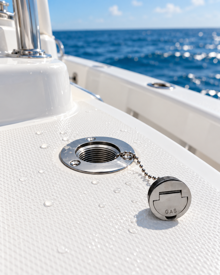 316 stainless steel gas deck fill on a boat deck