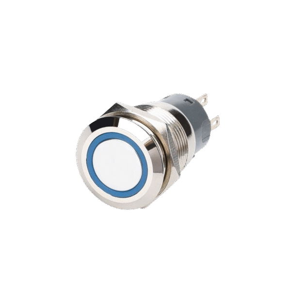Push-Button-Switch-PBLR0019-Marine-Grade-Frimarine Frimarine PBLR0019 Marine Push Button Switch 19mm 316 Stainless Steel Blue LED Ring IP65
